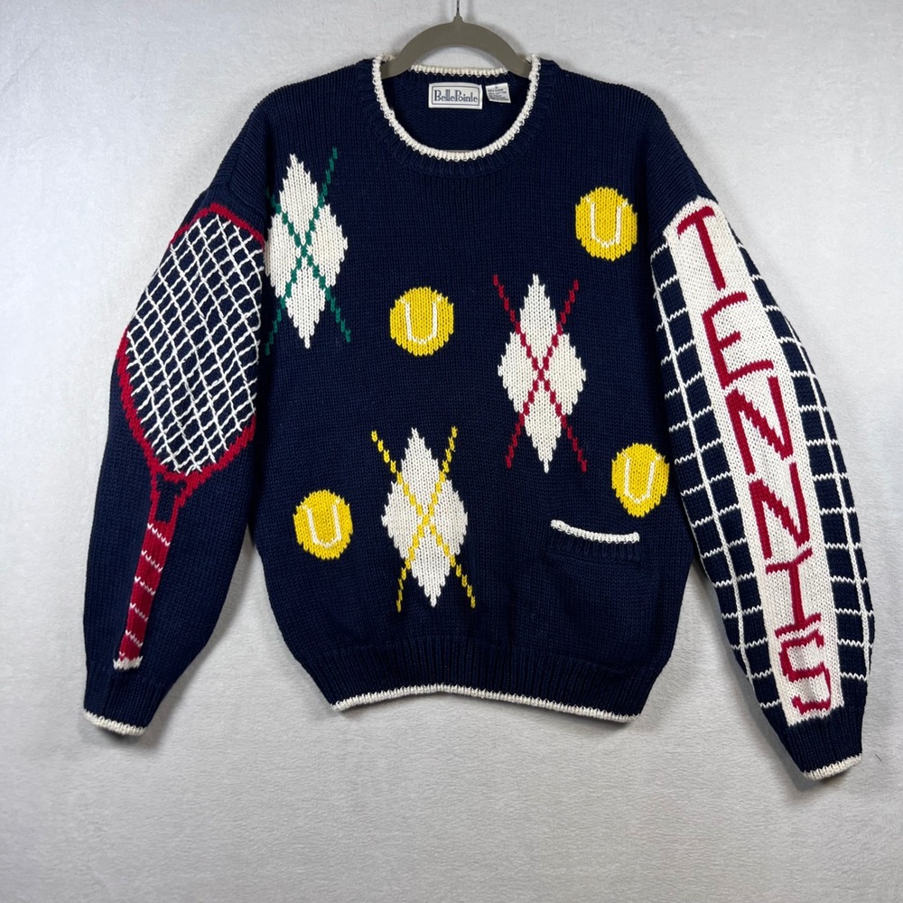 Vintage BellePointe Womens Tennis Sweater Navy Blue Argyle Knit Pullover Large